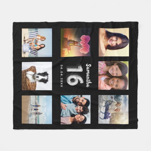 Sweet 16 zwarte zilverkleurige fotocollage fleece deken (Voorkant (Horizontaal))