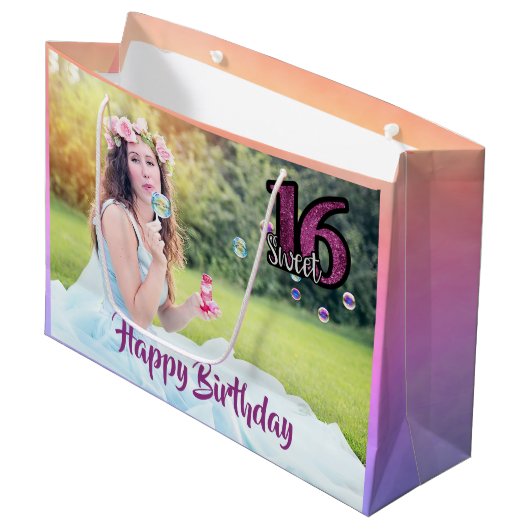 Sweet 16e verjaardag foto paars large cadeautasje (Voorkant Gekanteld)