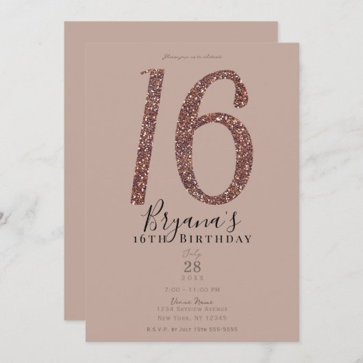 Sweet 16th 16 Party Pink Blush Roos Glitter Kaart (Voorkant / Achterkant)