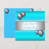 Sweet 16th Aqua Silver Ballon Birthday Party Kaart (Voorkant / Achterkant)
