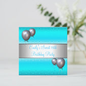 Sweet 16th Aqua Silver Ballon Birthday Party Kaart (Staand voorkant)