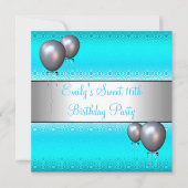 Sweet 16th Aqua Silver Ballon Birthday Party Kaart (Voorkant)