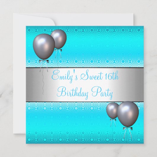 Sweet 16th Aqua Silver Ballon Birthday Party Kaart (Voorkant)