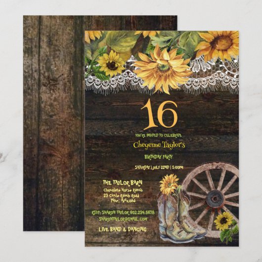 Sweet 16th Birthday Barn Wood Sunflower Invi Kaart (Voorkant / Achterkant)