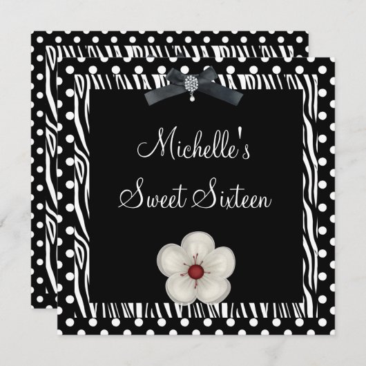 Sweet 16th Birthday Black White Zebra Spot Flower Kaart (Voorkant / Achterkant)