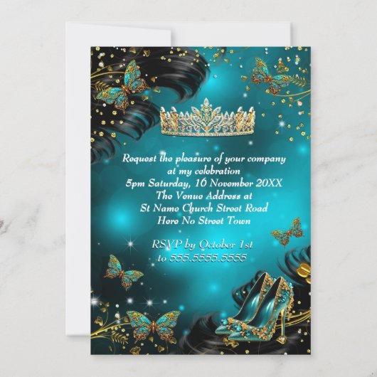 Sweet 16th Birthday Blauwgroen Gold Dress Butterfl Kaart (Achterkant)