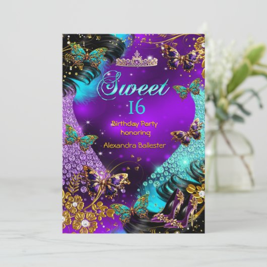 Sweet 16th Birthday Blauwgroen Paarse Gouden Vlind Kaart (Staand voorkant)