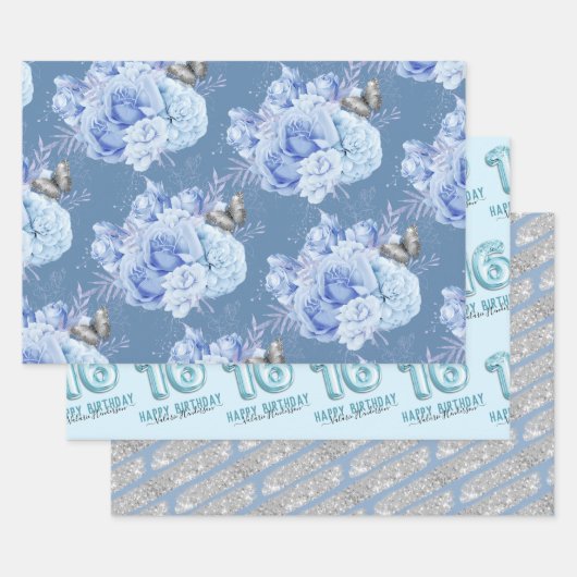 Sweet 16th Birthday Blue Flower Inpakpapier Vel (Set)