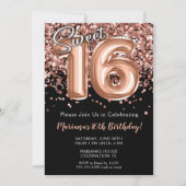 Sweet 16th Birthday Invitation Black Roos Gold Kaart (Voorkant)