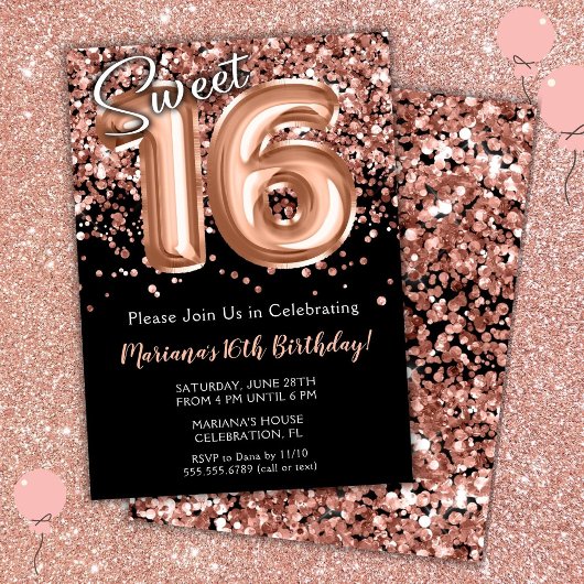 Sweet 16th Birthday Invitation Black Roos Gold Kaart
