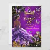 Sweet 16th Birthday paarse Gouden Jurk Vlinder Kaart (Voorkant)