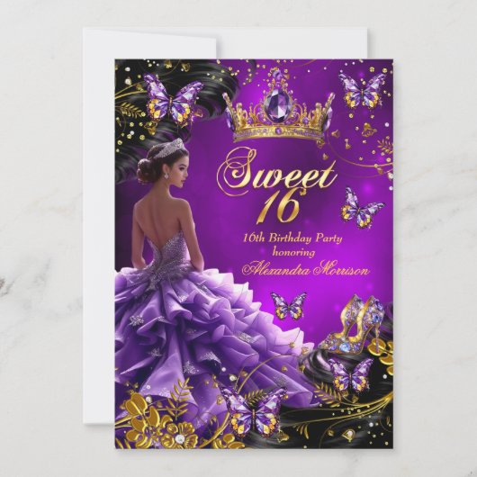 Sweet 16th Birthday paarse Gouden Jurk Vlinder Kaart (Voorkant)