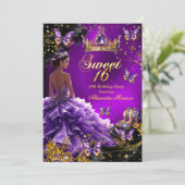 Sweet 16th Birthday paarse Gouden Jurk Vlinder Kaart (Staand voorkant)