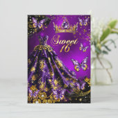 Sweet 16th Birthday paarse Gouden Jurk Vlinders Kaart (Staand voorkant)
