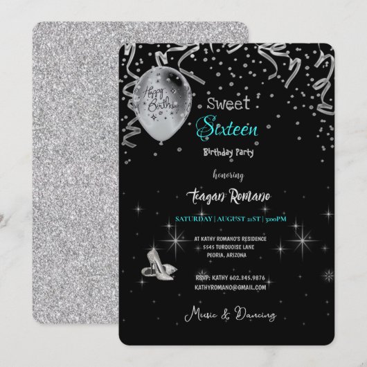 Sweet 16th Birthday Party Black & Turquoise Theme Kaart (Voorkant / Achterkant)