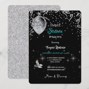 Sweet 16th Birthday Party Black & Turquoise Theme Kaart