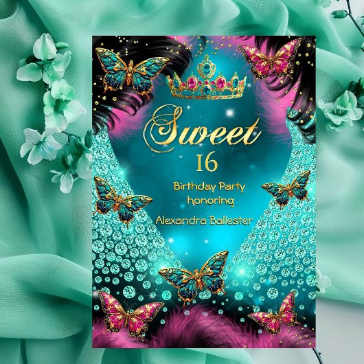 Sweet 16th Birthday Party Blauwgroen Roze Vlinders Kaart