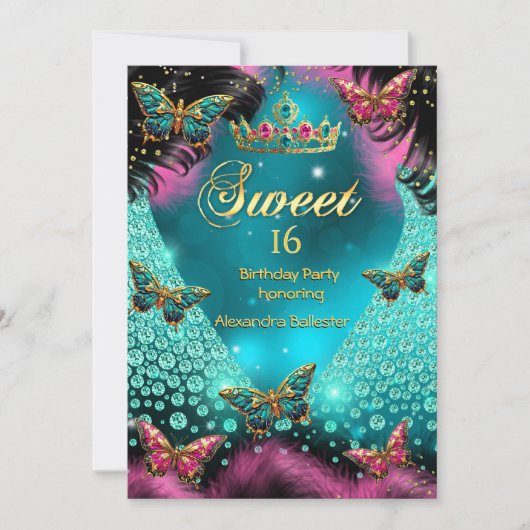 Sweet 16th Birthday Party Blauwgroen Roze Vlinders Kaart (Voorkant)