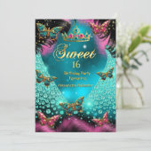 Sweet 16th Birthday Party Blauwgroen Roze Vlinders Kaart (Staand voorkant)