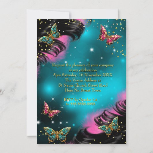 Sweet 16th Birthday Party Blauwgroen Roze Vlinders Kaart (Achterkant)