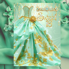 Sweet 16th Birthday Party Mint Green Gold Dress Kaart
