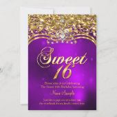 Sweet 16th Birthday Party Paars Glitter Gold Kaart (Voorkant)