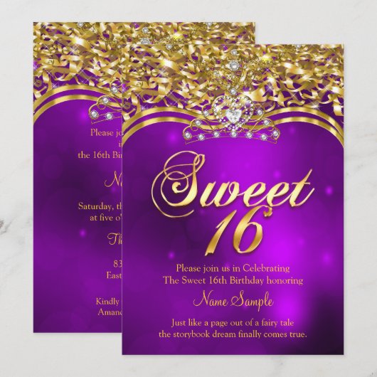 Sweet 16th Birthday Party Paars Glitter Gold Kaart (Voorkant / Achterkant)