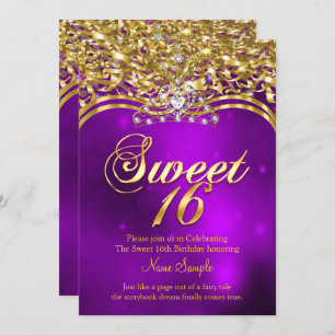 Sweet 16th Birthday Party Paars Glitter Gold Kaart