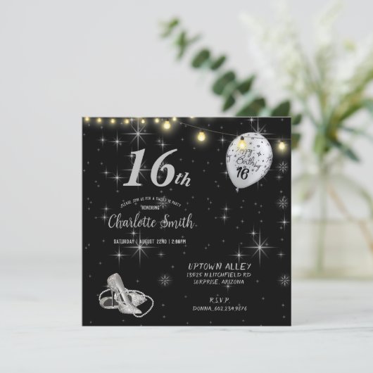 Sweet 16th Birthday Party Stiletto's Balloons Invi Kaart (Staand voorkant)