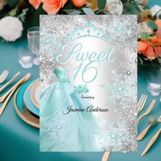 Sweet 16th Birthday teal Silver Winter wonderland Kaart