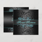 Sweet 16th Blue & Black Swirl Verjaardag Uitnodigi Kaart (Voorkant / Achterkant)