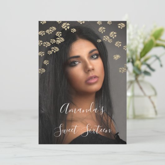 Sweet 16th Coral Flowers Gold Ombre Photo Sparkly Kaart (Staand voorkant)
