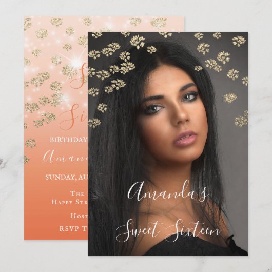 Sweet 16th Coral Flowers Gold Ombre Photo Sparkly Kaart (Voorkant / Achterkant)