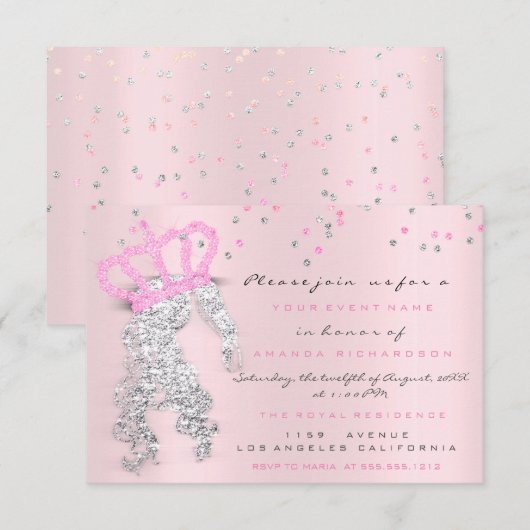 Sweet 16th Crown Princess Confetti Miss Pink Grey Kaart (Voorkant / Achterkant)