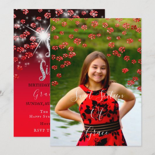 Sweet 16th Elisabeth Red Gray Silver Ombre Foto Kaart (Voorkant / Achterkant)