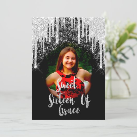 Sweet 16th Elisabeth Red Grey Silver Drips Foto Kaart (Staand voorkant)