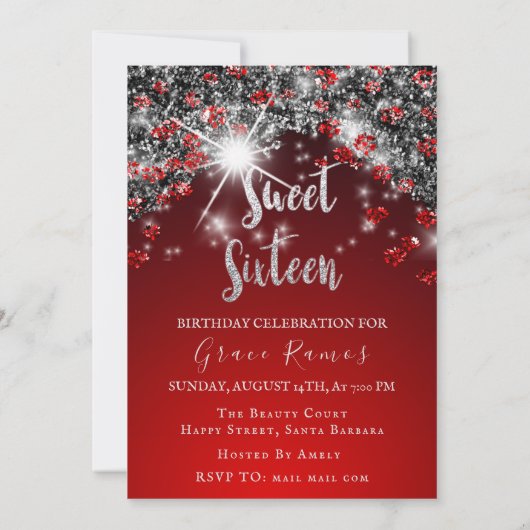 Sweet 16th Elisabeth Red Grey Silver Drips Foto Kaart (Achterkant)