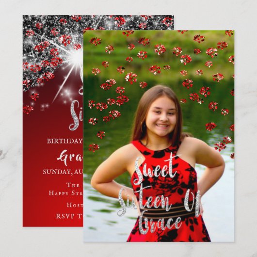 Sweet 16th Elisabeth Red Grey Silver Drips Foto Kaart (Voorkant / Achterkant)