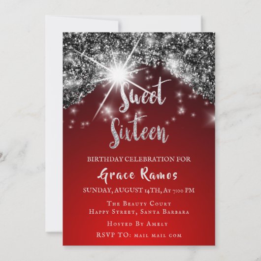 Sweet 16th Elisabeth Red Grey Silver Drips Foto Kaart (Achterkant)