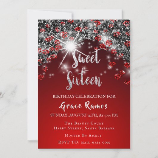 Sweet 16th Elisabeth Red Grey Silver Drips Foto Kaart (Achterkant)