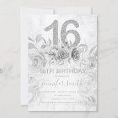 Sweet 16th Floral Marble Glitter Silver Kaart (Voorkant)
