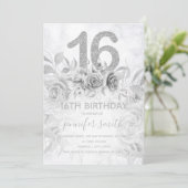 Sweet 16th Floral Marble Glitter Silver Kaart (Staand voorkant)