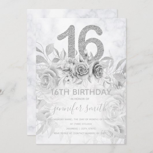 Sweet 16th Floral Marble Glitter Silver Kaart (Voorkant / Achterkant)