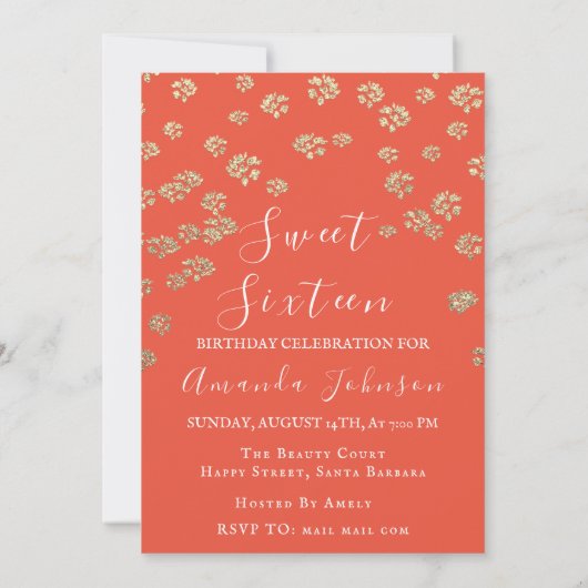 Sweet 16th Flower Coral Gold Photo Confetti Spark Kaart (Achterkant)