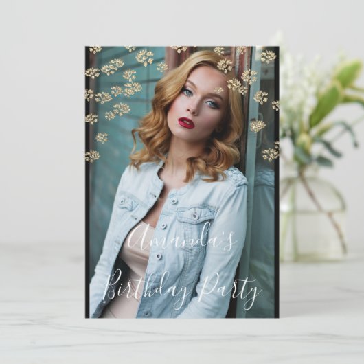 Sweet 16th Flower Gold Black Foto Confetti Vonk Kaart (Staand voorkant)