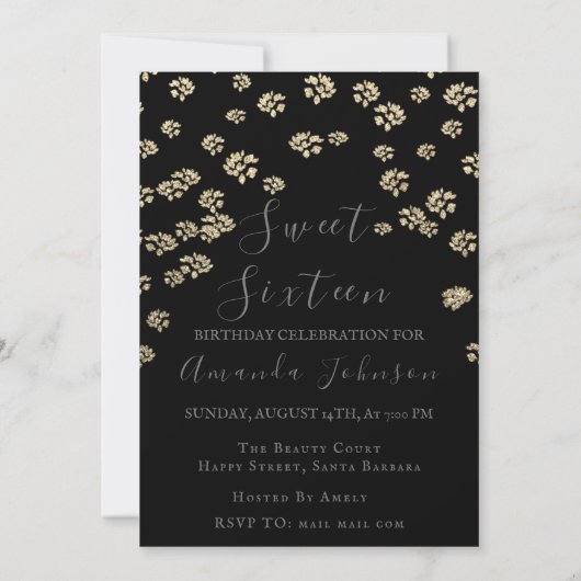 Sweet 16th Flower Gold Black Foto Confetti Vonk Kaart (Achterkant)