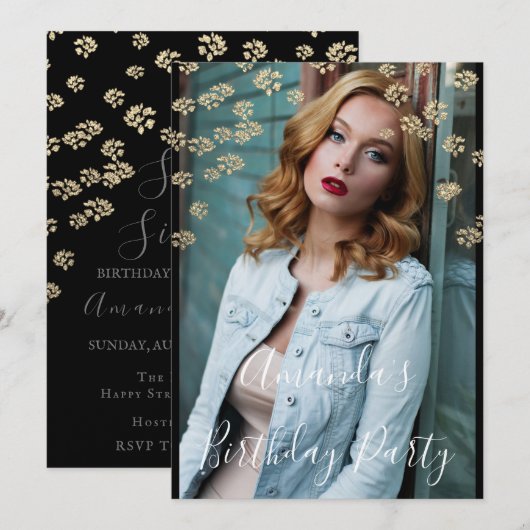 Sweet 16th Flower Gold Black Foto Confetti Vonk Kaart (Voorkant / Achterkant)