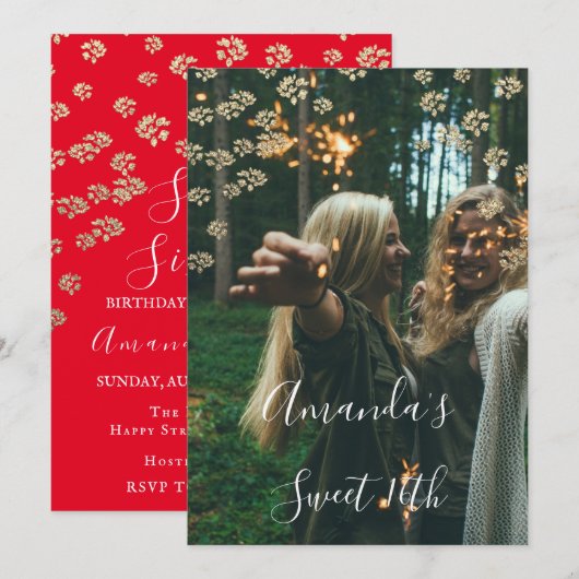 Sweet 16th Flower Red Gold Photo Confetti Spark Kaart (Voorkant / Achterkant)