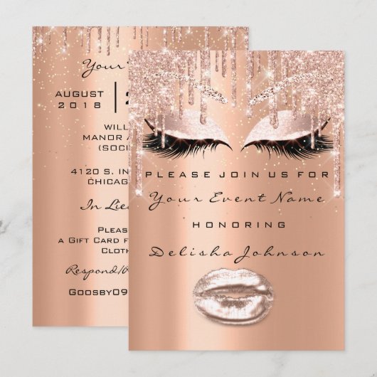 Sweet 16th Glitter Bridal Makeup Roos Cooper Drips Kaart (Voorkant / Achterkant)