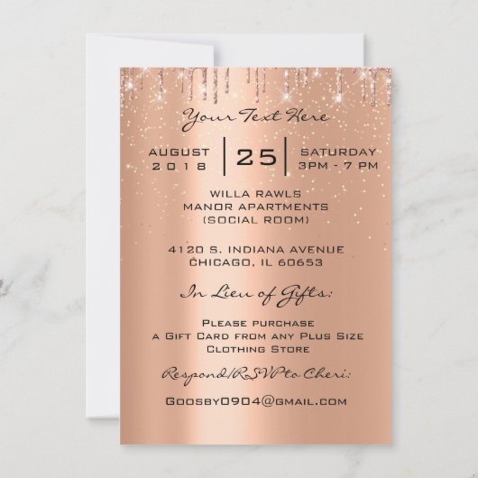 Sweet 16th Glitter Bridal Makeup Roos Cooper Drips Kaart (Achterkant)